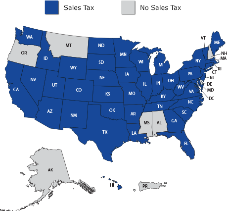 United States map showing sales tax is not charged in Alabama, Alaska, Mississippi, Montana, New Hampshire, Oregon, or Puerto Rico.